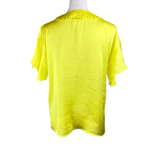 Ivy Jane Bright Neon Yellow Satin V-neck Flutter Short Sleeve Blouse - Picture 3 of 13